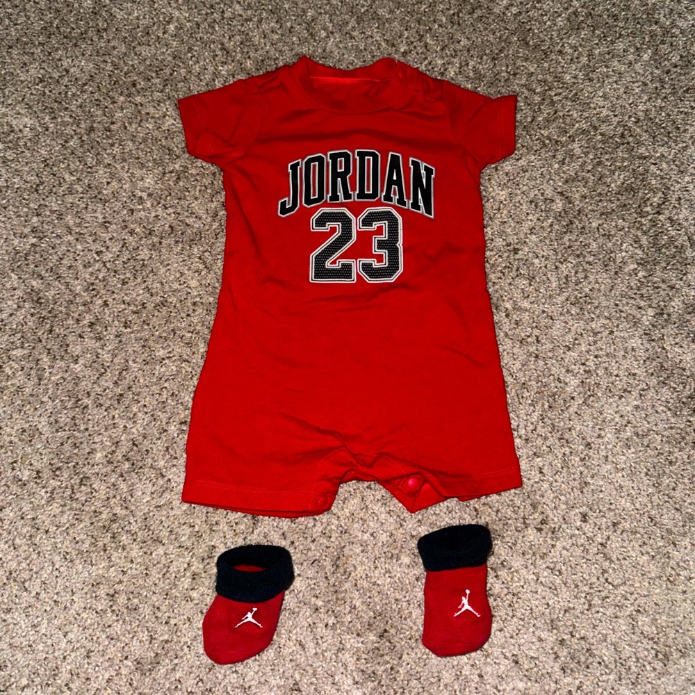 Jordan Baby Boy Romper with Booties - 0-6 Months, Red Jordan 23 Logo Set